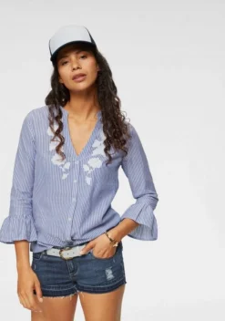 KangaROOS Hemdbluse mit Volants am Ärmel und Blumen-Stickerei vorne