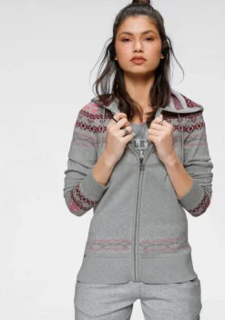 KangaROOS Jacquardstrickjacke im Norweger-Design Grau-meliert-rosa, Marine-weiß